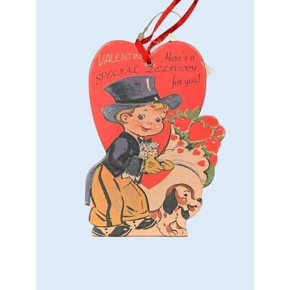 Valentines Day Boy Top Hat Puppy Card Ornament Vintage Inspired Retro Holiday - Picture 1 of 3